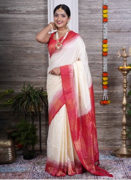 Elegant Cream And Red Soft Silk Saree