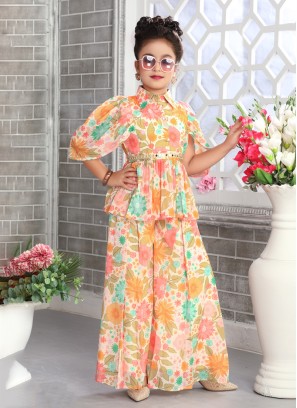 Elegant Cream Floral Printed Chiffon Silk Palazzo Suit