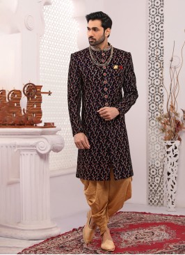 Elegant Dark Navy Blue Embroidered Dhoti Style Sherwani