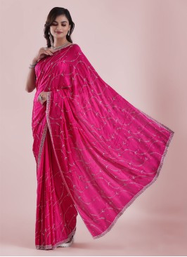 Elegant Deep Pink Embroidered Crepe Chiffon Saree