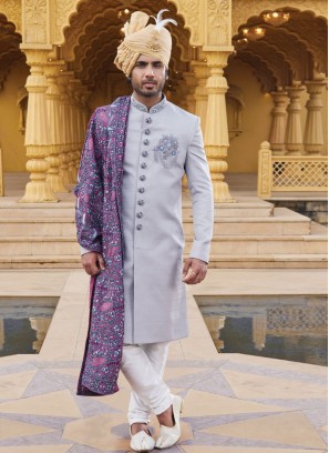 Elegant Light Grey Groom Sherwani With Embroidered Dupatta