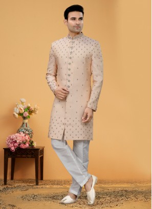 Elegant Light Peach Embroidered Indowestern Set