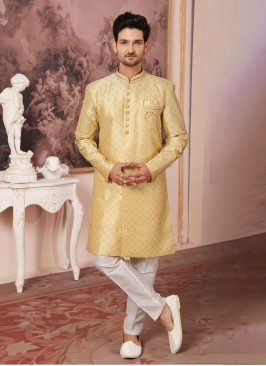 Elegant Light Yellow And Off White Indowestern Set