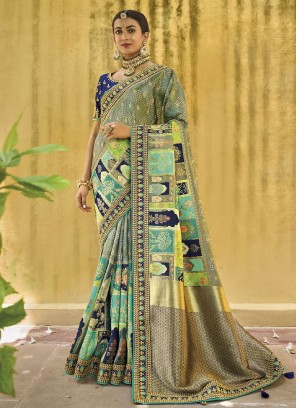 Grey and Blue Bandhani Printed Silk Saree