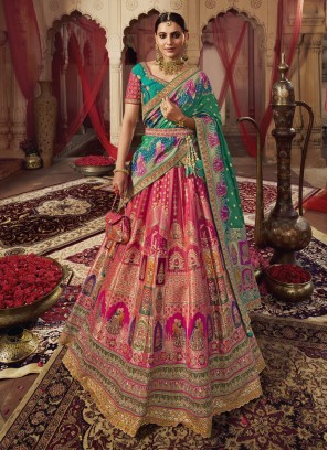 Invaluable Pink Weaving Embroidered Banarasi Silk Lehenga Choli