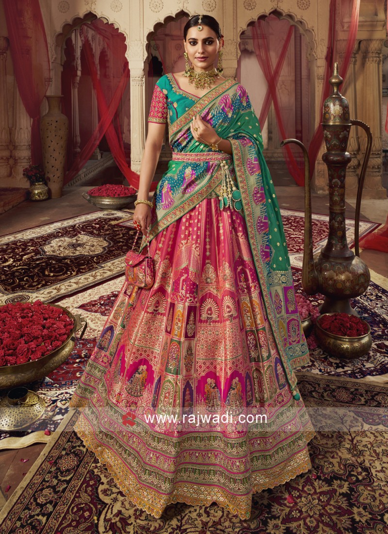 Invaluable Pink Weaving Embroidered Banarasi Silk Lehenga Choli