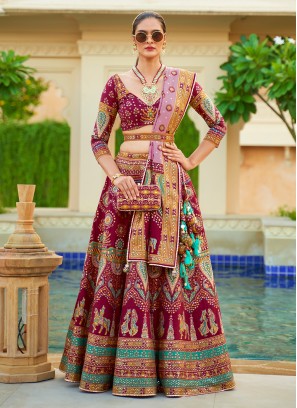 Buy Alluring Rani Pink Mirror Work Rajwadi Silk Bridesmaid Lehenga