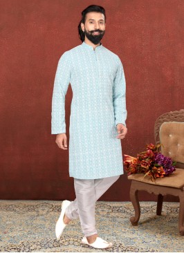 Embordered Sky Blue Kurta Pajama