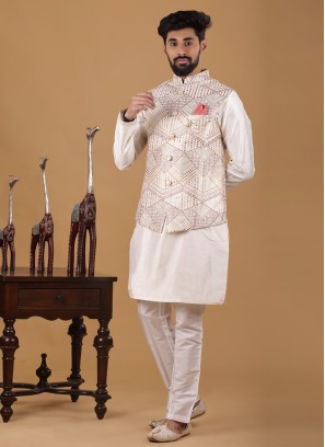 Embroiderd Nehru Jacket Suit In Art Silk