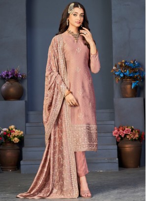 Embroiderd Peach Color Dola Silk Dress Material