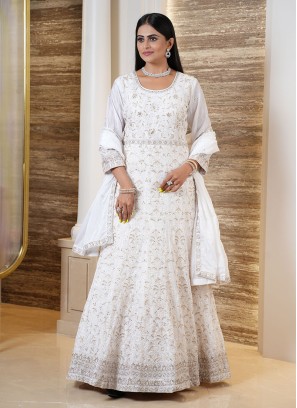 Cream Embroidered Anarkali Dress with Dupatta