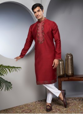 Embroidered Art Silk Kurta Set In Maroon