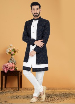 Embroidered Black And White Jacket Style Indowestern Set