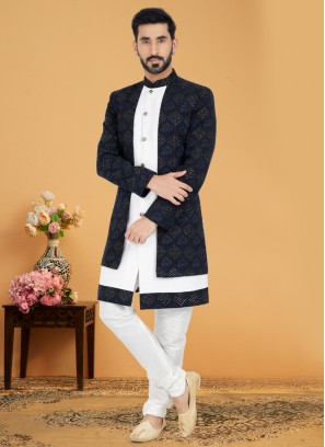 Embroidered Black And White Jacket Style Indowestern Set