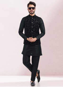 Embroidered Black Nehru Jacket Set For Wedding