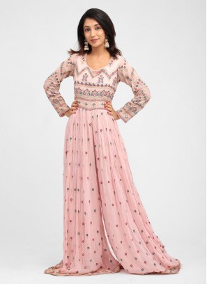 Embroidered Chiffon Jumpsuit In Pink