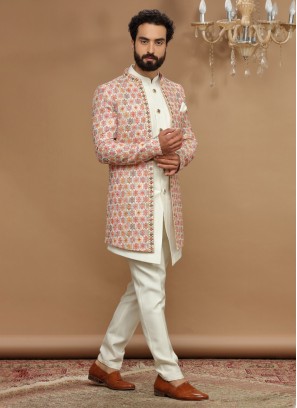 Pretty Linen Fabric Wedding Wear Readymade Men Indo Western In Cream Color  Embroidered Work