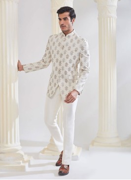Embroidered Cream Silk Jodhpuri Suit