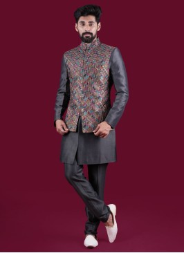 Embroidered Dark Grey Nehru Jacket Set