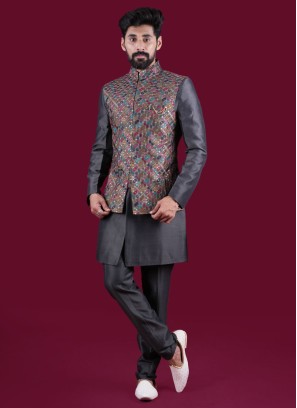 Embroidered Dark Grey Nehru Jacket Set