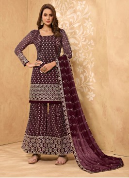 Embroidered Faux Georgette Designer Pakistani Salwar Suit in Wine