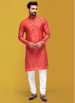 Embroidered Indian Red Kurta Pajama In Silk