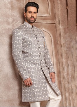 Embroidered Indowestern Set In Grey Color