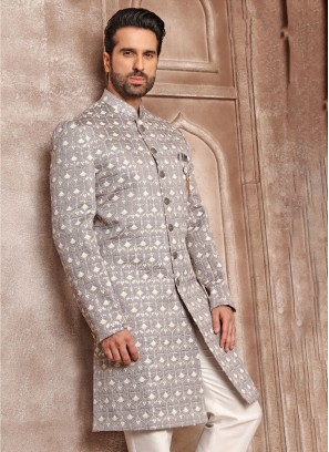 Embroidered Indowestern Set In Grey Color