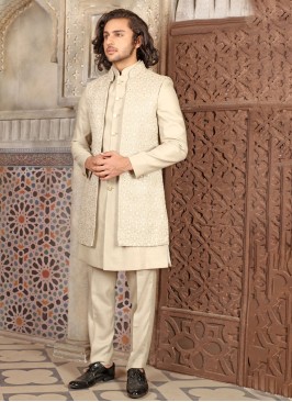 Embroidered Jakcet Style Indowestern In Fawn Color