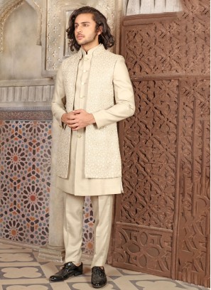 Embroidered Jakcet Style Indowestern In Fawn Color