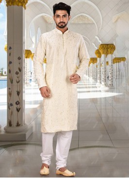 Embroidered Kurta Pajama In Off White