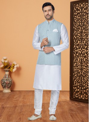 Embroidered Light Blue Nehru Jacket Set