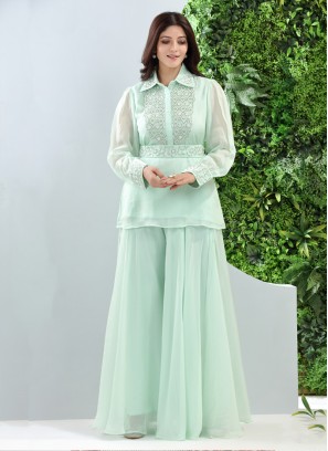 Embroidered Light Pista Green Palazzo Suit