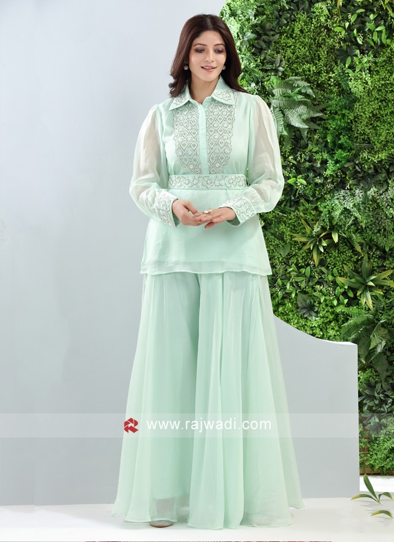 Embroidered Light Pista Green Palazzo Suit