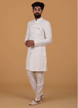 Embroidered Off White Silk Indowestern Set For Men