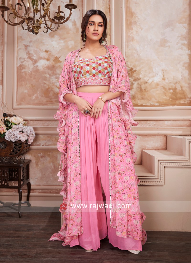 Light Pink Mirror Work Embroidery Cape Style Co-Ord Palazzo Set