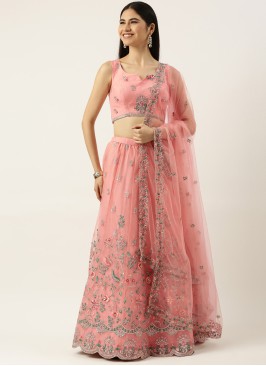 Embroidered Peach Lehenga Choli In Net