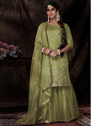 Embroidered Pista Green Soft Net Dress Material For Women