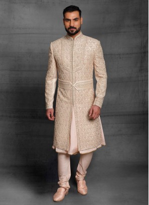 Embroidered Raw Silk Anarkali Groom Sherwani