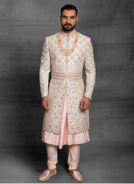 Embroidered Raw Silk Anarkali Sherwani