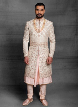 Embroidered Raw Silk Anarkali Sherwani