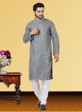 Embroidered Readymade Georgette Kurta Pajama In Grey