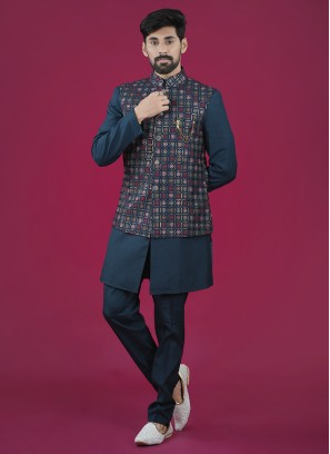 Embroidered Silk Nehru Jacket Set