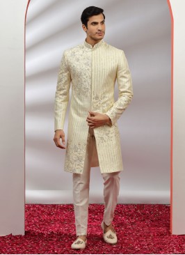 Embroidered Silk Sherwani In Cream