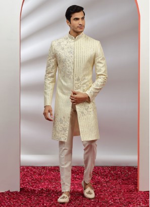 Embroidered Silk Sherwani In Cream