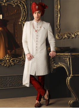 Embroidered White And Maroon Designer Sherwani