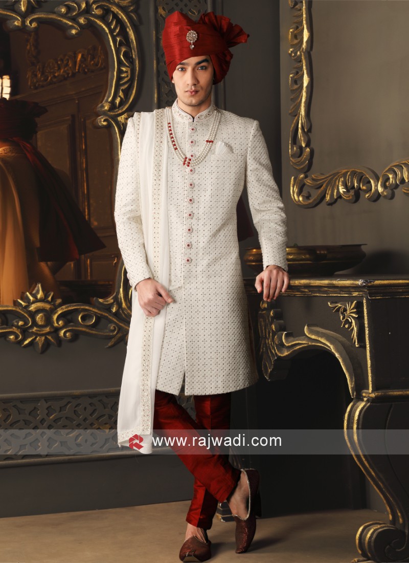 Maroon Colour Silk Fabric Indian Groom Sherwani.