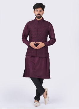 Embroidered Wine Nehru Jacket Set For Wedding