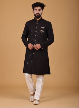 Embroidered Work Black And Off White Indowestern Set