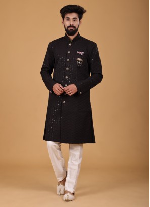 Embroidered Work Black And Off White Indowestern Set